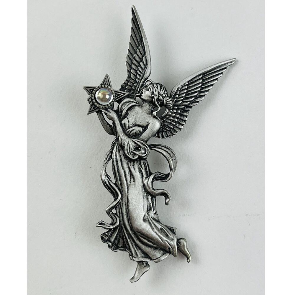 Vintage JJ Jonette Pin Angel Star Celestial Brooch Mystical Ball Lady Large 3” - Picture 3 of 14